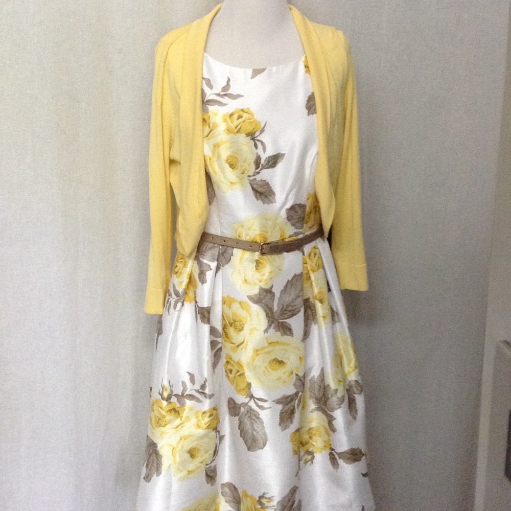 White dress with yellow roses and yellow sweater